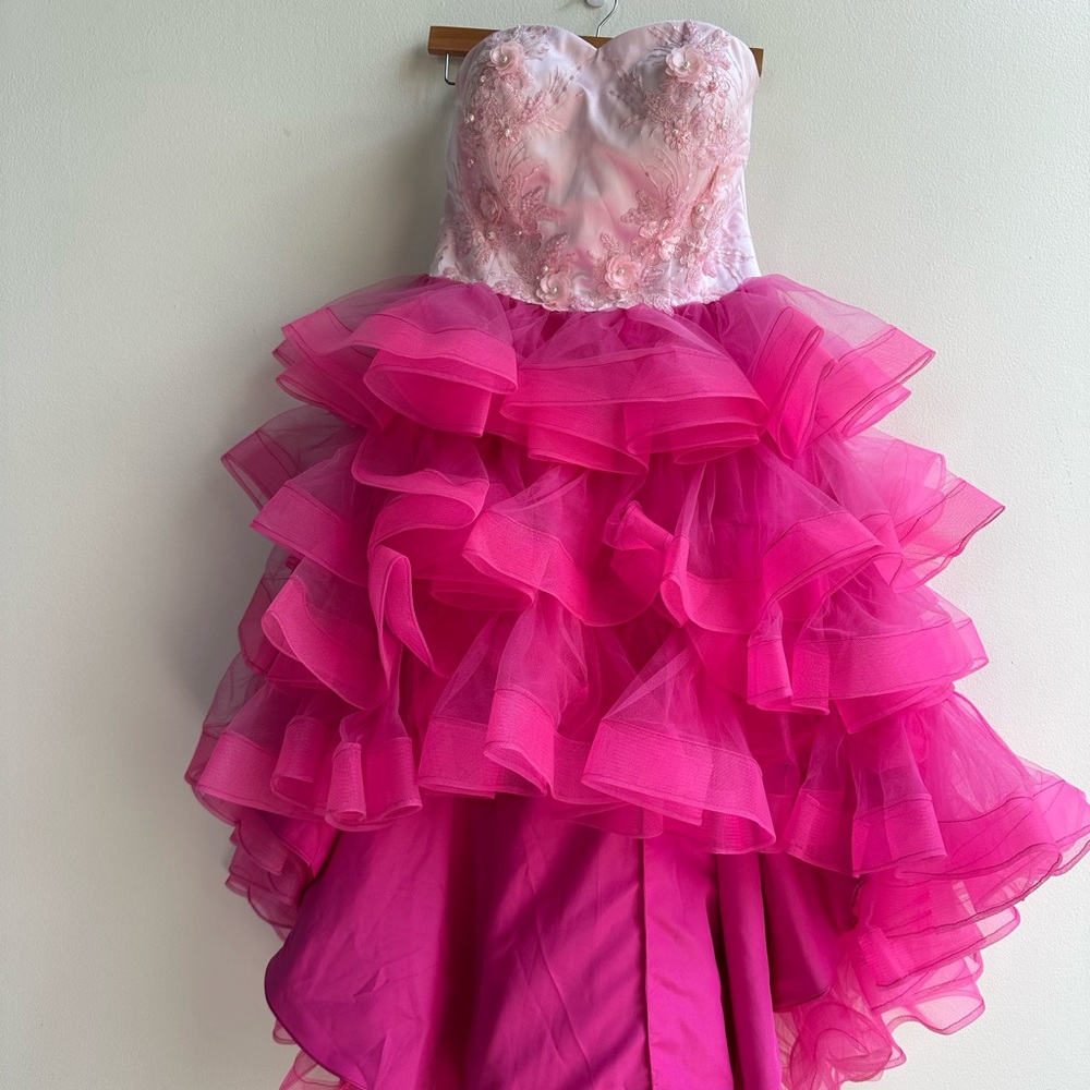 Pink Asymmetrical Ruffled Tiered Gown